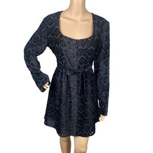 Vtg 90s GAP Black Floral Velvet Burnout Belted Shirt Dress Women's M/L